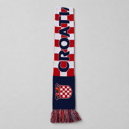 A vertical knit scarf with a Croatian theme, featuring a red and white checkered pattern with the word 'CROATIA' in navy blue, a Croatian coat of arms crest, and fringed ends, shown on a neutral gray background. Knitted Scarf Croatia / Hrvatska