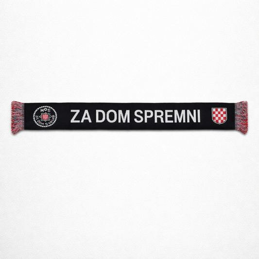 Knitted Scarf HOS Za Dom Spremni Black scarf with text and logos on a white background