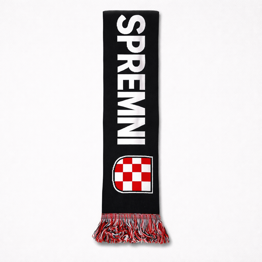 shopncro Knitted Scarf HOS Za Dom Spremni Lux Black scarf with white text and red checkered pattern on a white background