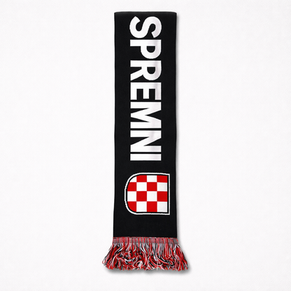 shopncro Knitted Scarf HOS Za Dom Spremni Lux Black scarf with white text and red checkered pattern on a white background