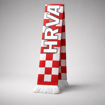 Knitted Scarf Hrvatska Red and white checkered scarf with 'HRVATSKA' text on a gray background