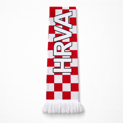 Knitted Scarf Hrvatska Checkered scarf with 'HRVATSKA' text on a white background