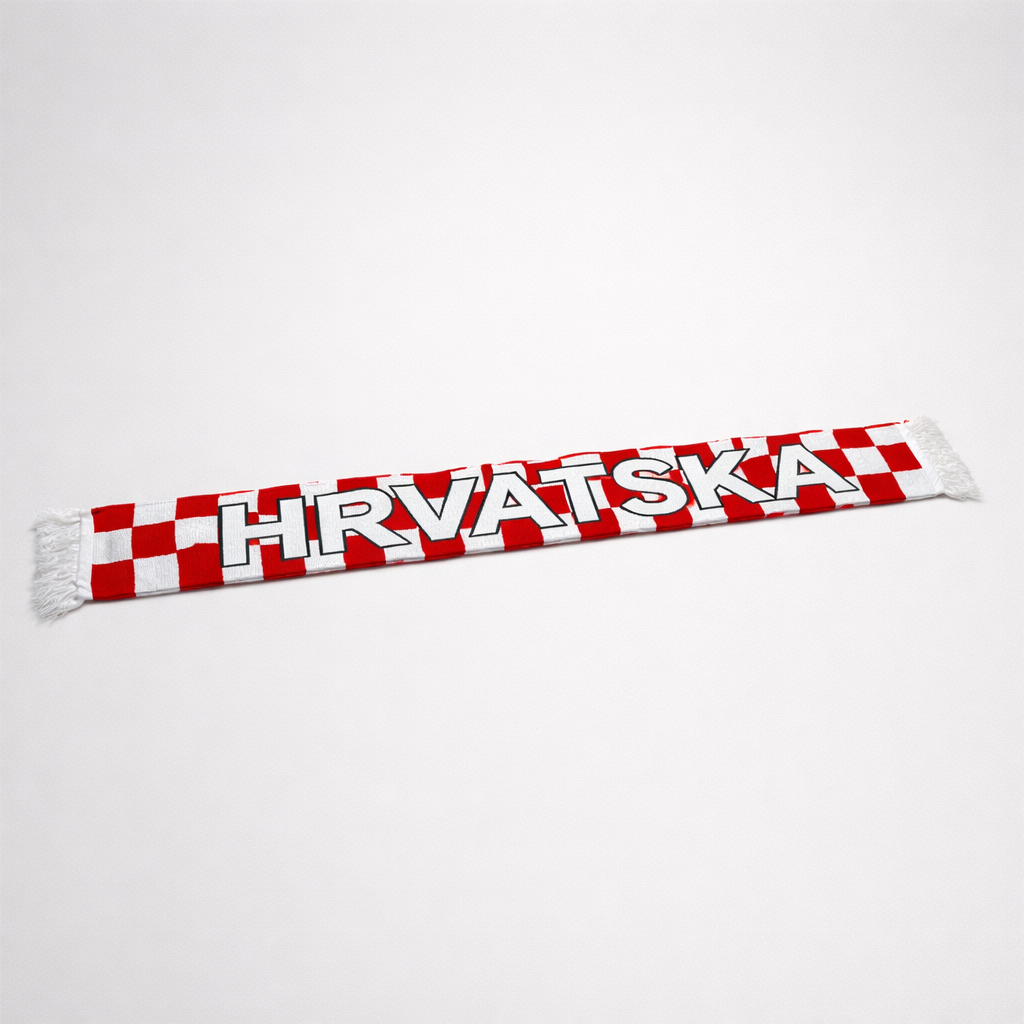 Knitted Scarf Hrvatska Red and white scarf with 'HRVATSKA' text on a light gray background