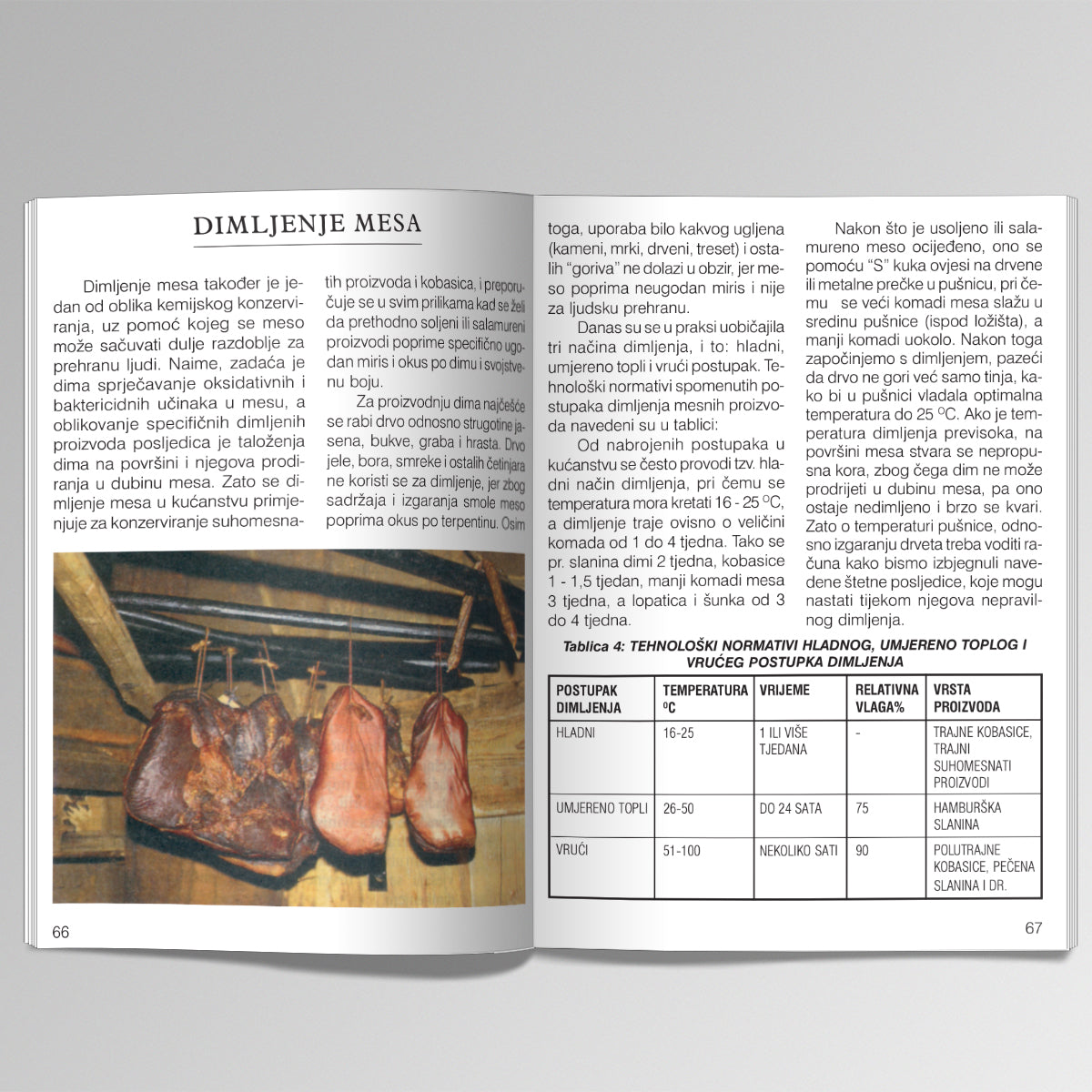 Kolinje i Mesni Specijaliteti Open book showing a page with text and an image of meat hanging, likely from a culinary or food science textbook.