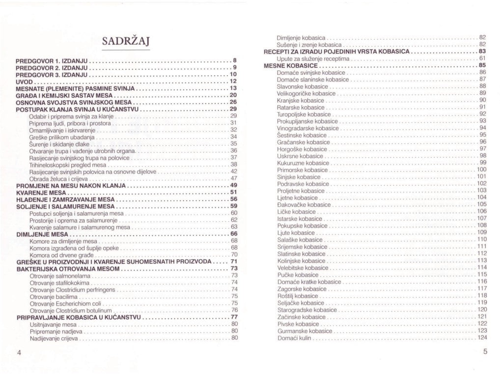Kolinje i Mesni Specijaliteti Table of contents or index page with text in a foreign language on a white background