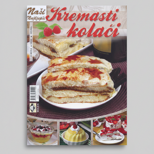 Naši Najljepši – Kremasti Kolači Book cover of 'Kremasti kolačáci' with a dessert on a plate and other food items.