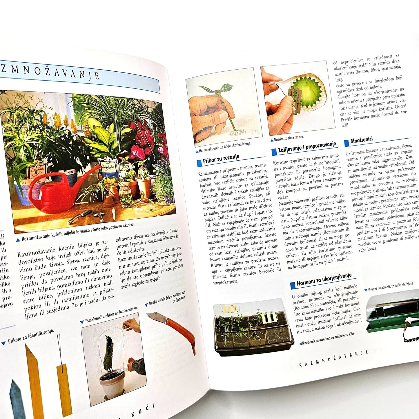 Kućni Vrtovi i Uređenje Interijera - Indoor Plants & Home Decor Guide Open book with gardening-themed pages on a white background