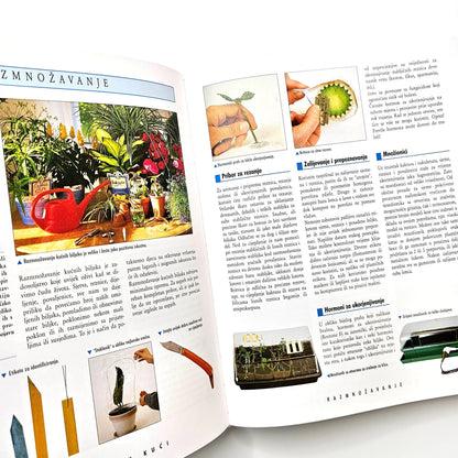 Kućni Vrtovi i Uređenje Interijera - Indoor Plants & Home Decor Guide Open book with gardening-themed pages on a white background