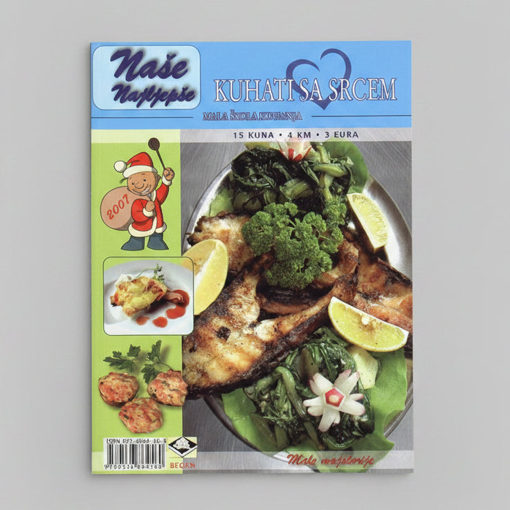 Naše Najljepše – Kuhati Sa Srcem Magazine cover with a dish of fish and vegetables, featuring a cartoon character and text.