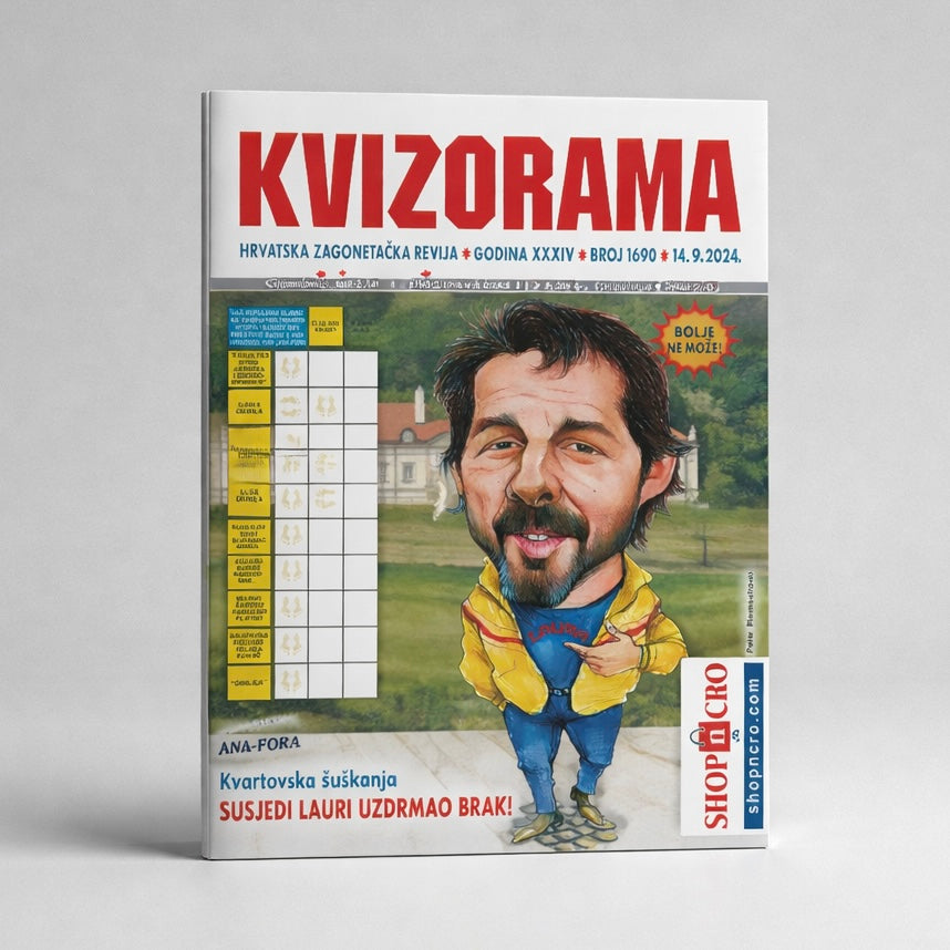 Kvizorama Crossword Croatian Magazine Magazine cover titled 'Kvizorama' with a cartoon character on a gray background