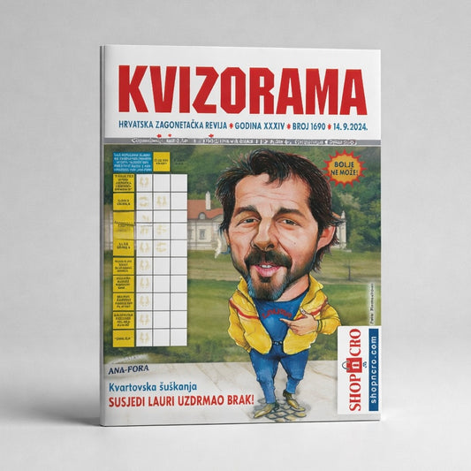 Kvizorama Crossword Croatian Magazine Magazine cover titled 'Kvizorama' with a cartoon character on a gray background