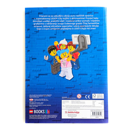 LEGO City – Pripremi Se Za Akciju Back cover of a LEGO book with character illustrations and text on a blue background