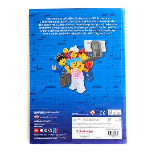 LEGO City – Pripremi Se Za Akciju Back cover of a LEGO book with character illustrations and text on a blue background