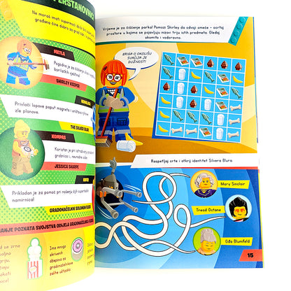 LEGO City – Pripremi Se Za Akciju Open book with colorful illustrations and text, featuring a character and educational content.