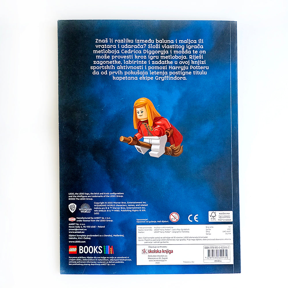 LEGO Harry Potter – Zaigrajmo Metloboj Back cover of a book with a LEGO figure of Cedric Diggory on a blue background