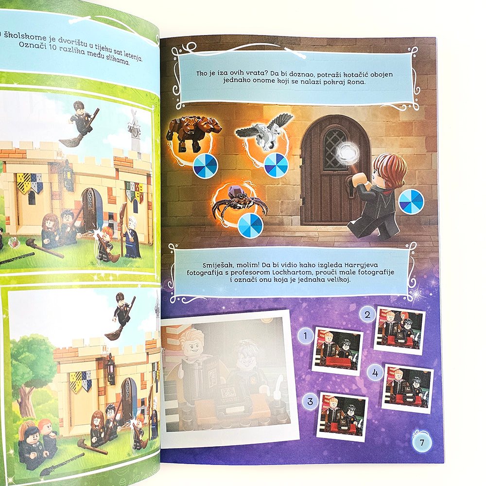 LEGO Harry Potter – Čarobna Iznenađenja Open book with illustrated pages featuring characters and scenes, likely from a fantasy or adventure story.
