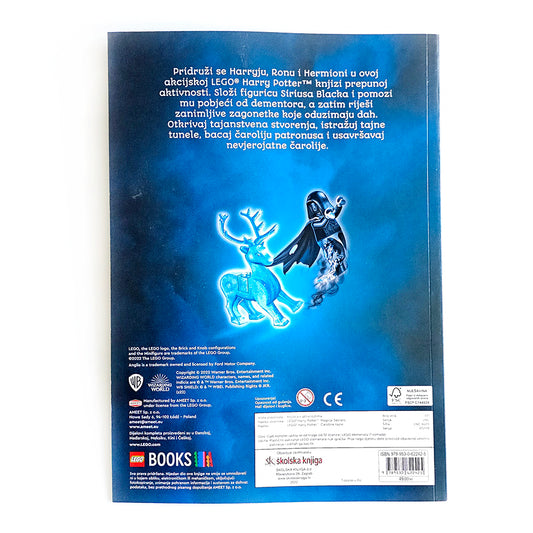 LEGO Harry Potter – Čarobne Tajne Back cover of a LEGO Harry Potter book with a blue background and text.