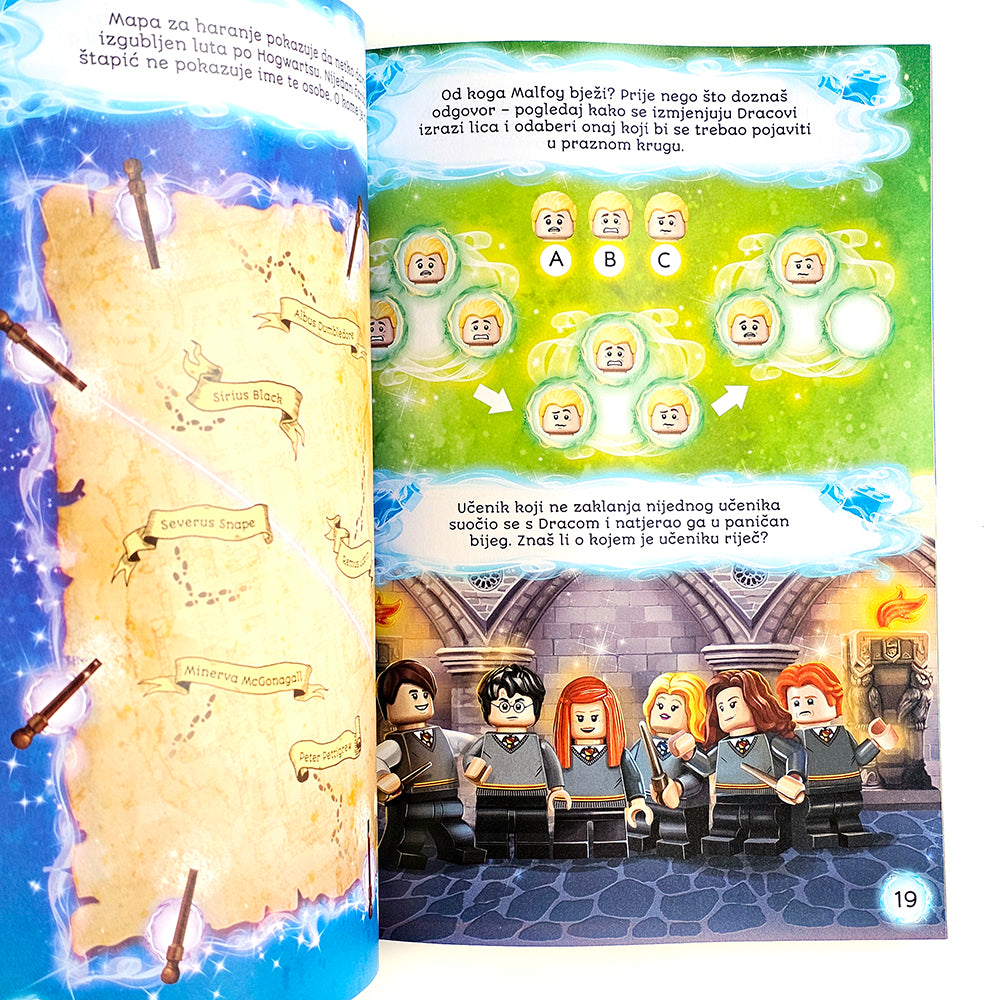 LEGO Harry Potter – Čarobne Tajne Two pages from a book featuring a map and characters from a series.