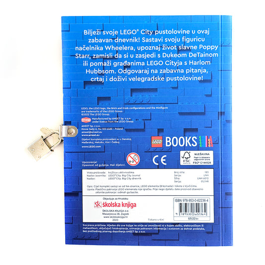 Lego City - Big City dnevnik Back cover of a LEGO City book with blue brick pattern and gold lock.