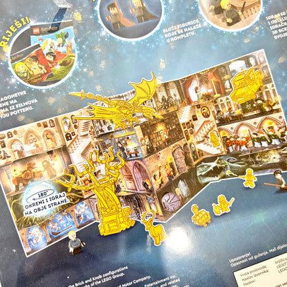 Lego Harry Potter- Potter Protiv Malfoyja Board game packaging with dragon and castle illustrations on a blue background