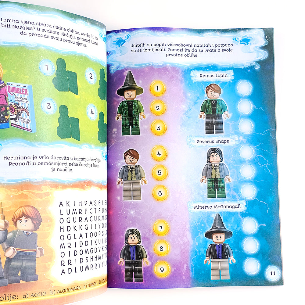 Lego Harry Potter - Povratak u Hogwarts Open book with LEGO figures of Harry Potter characters and educational content.