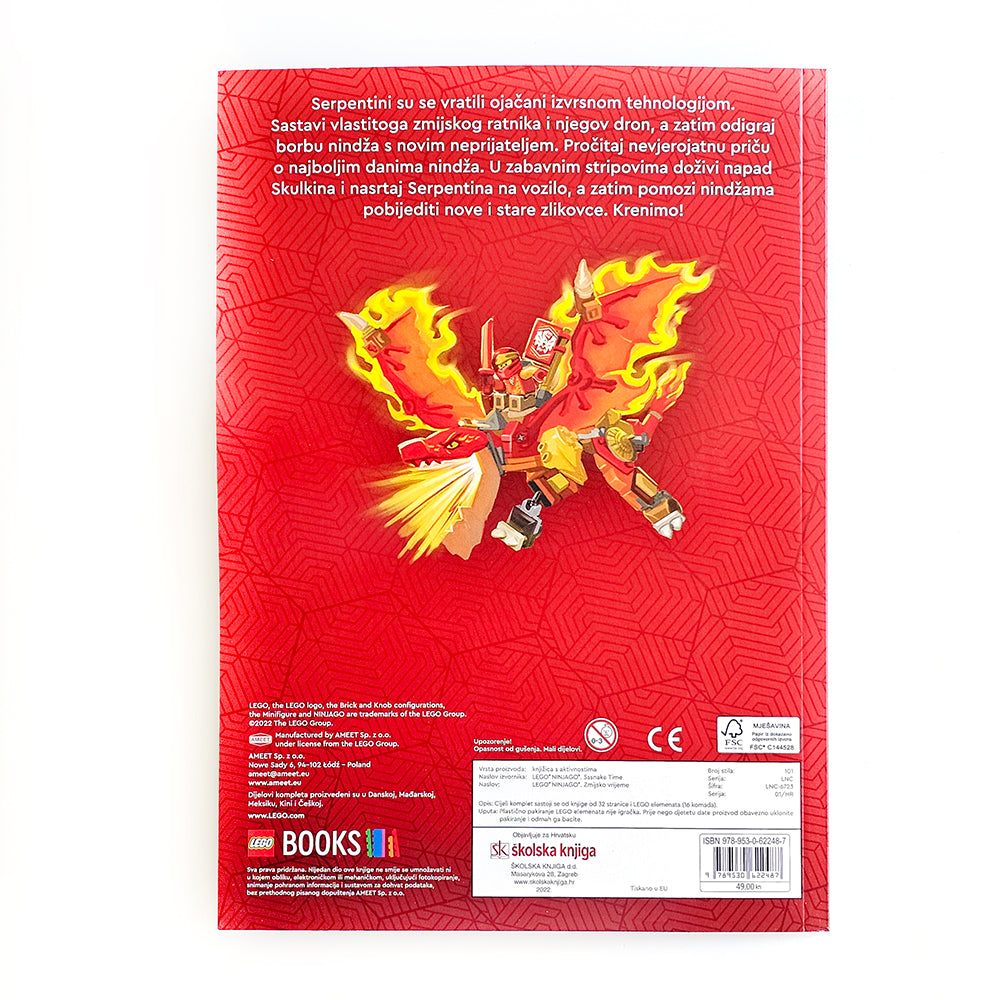 Lego Ninjago - Zmijsko Vrijeme Back cover of a book with a fiery robot illustration on a red background