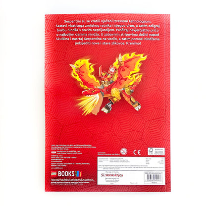 Lego Ninjago - Zmijsko Vrijeme Back cover of a book with a fiery robot illustration on a red background
