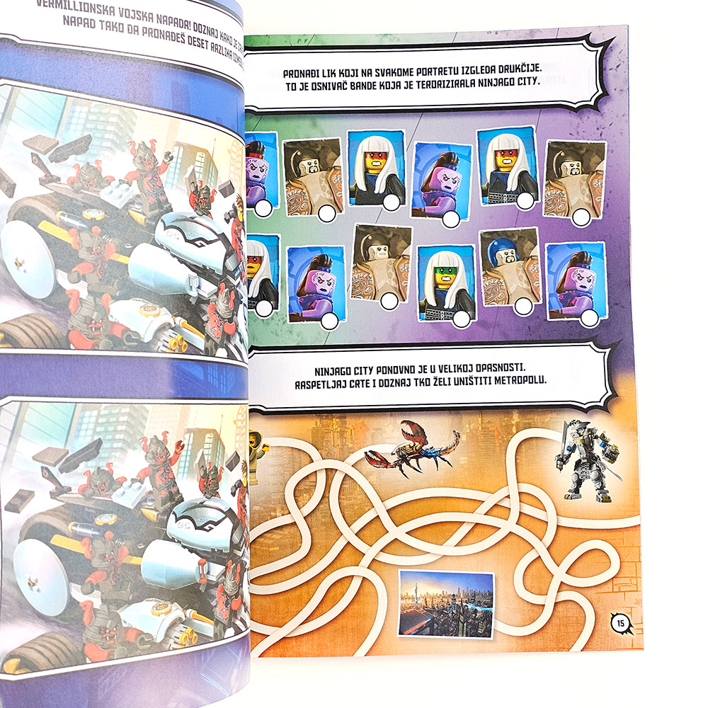 Lego Ninjago - Zmijsko Vrijeme Children's book open to a page with illustrations and text, featuring a maze and character portraits.