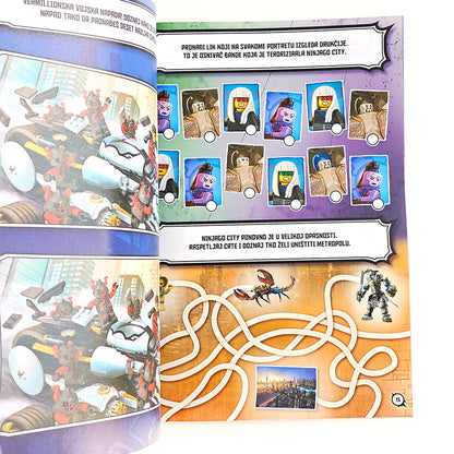 Lego Ninjago - Zmijsko Vrijeme Children's book open to a page with illustrations and text, featuring a maze and character portraits.