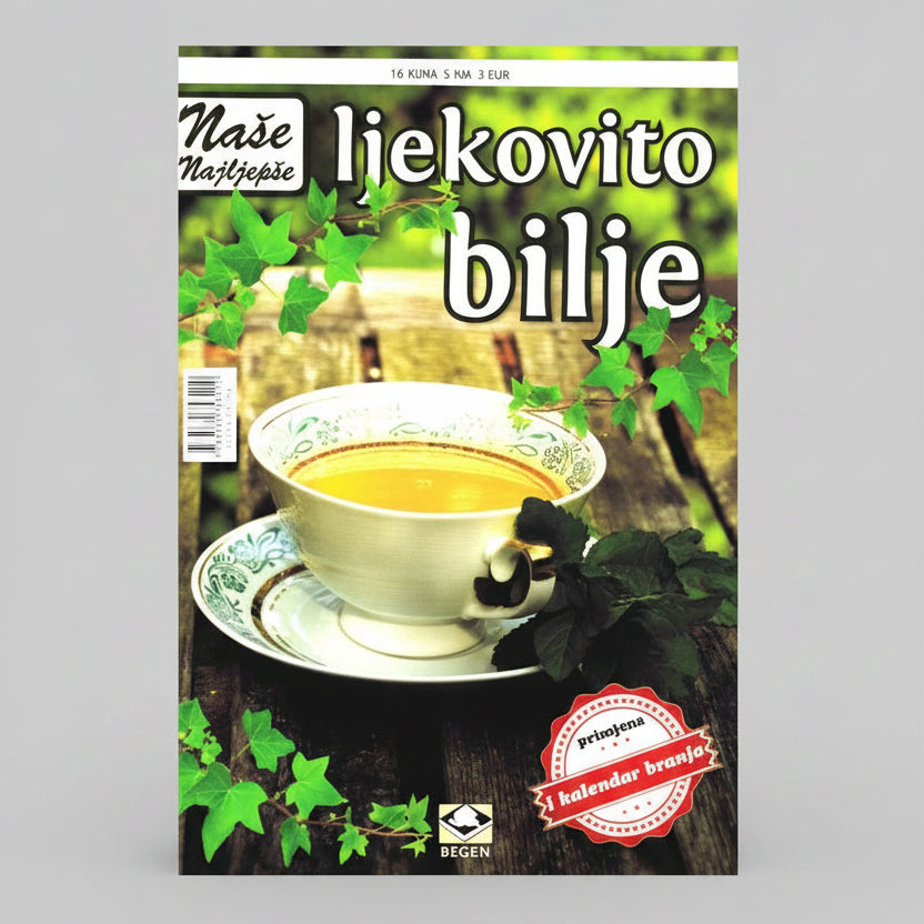 Naše Najljepše – Ljekovito Bilje Magazine cover with a cup of tea and green leaves, featuring text in a foreign language.