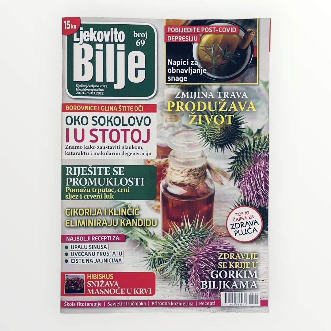 Magazine cover with text and images of plants and a bottle on a white background
