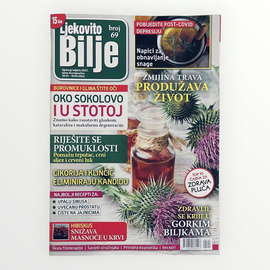 Magazine cover with text and images of plants and a bottle on a white background