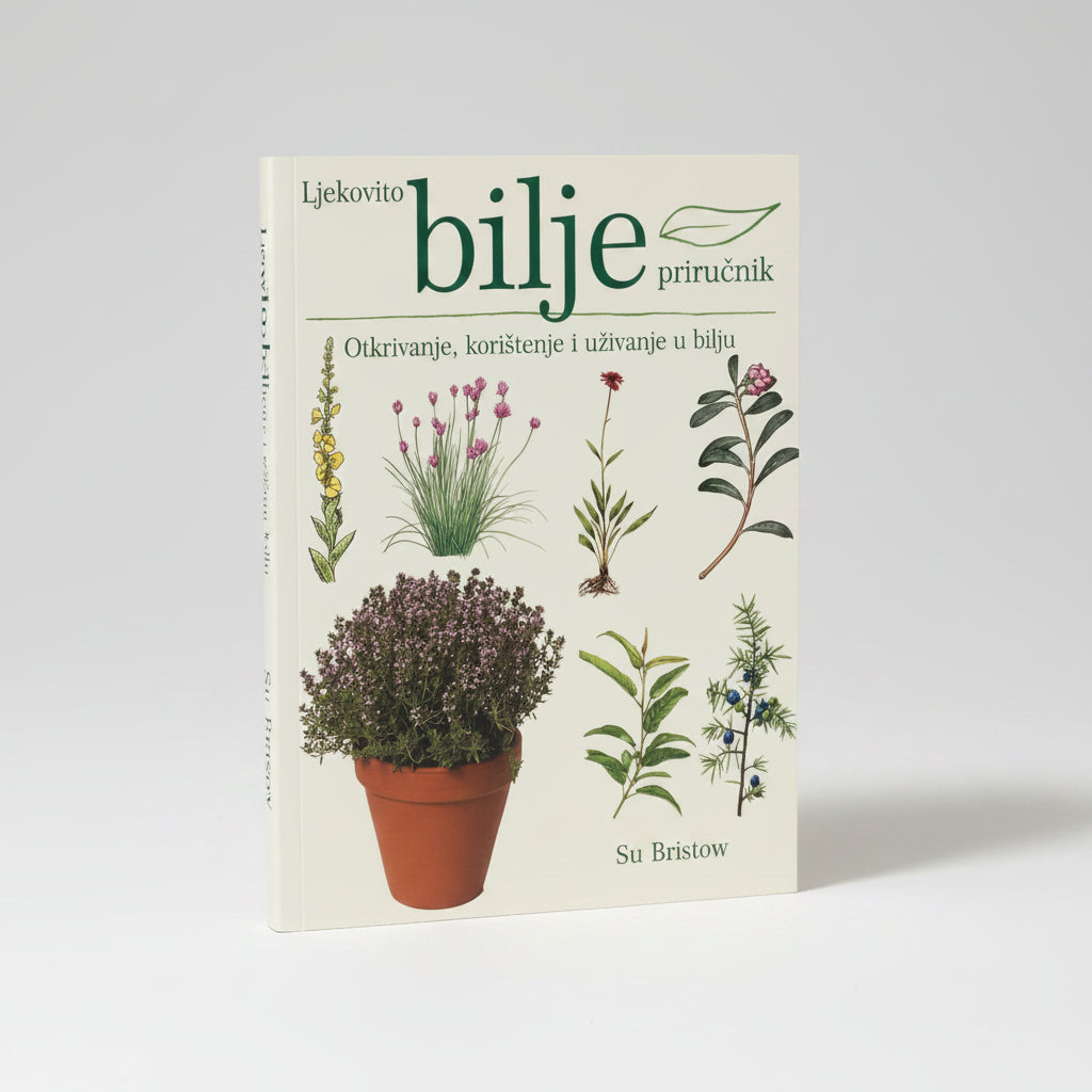 Ljekovito Bilje – Priručnik (Croatian Herbal Handbook) Book cover of 'Ljekovito bilje prirućnik' with illustrations of plants on a white background