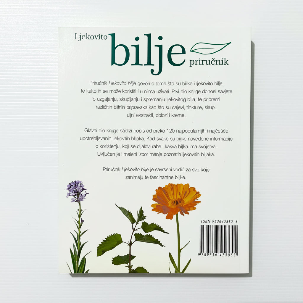Ljekovito Bilje – Priručnik (Croatian Herbal Handbook) Book cover with illustrations of plants and text on a white background