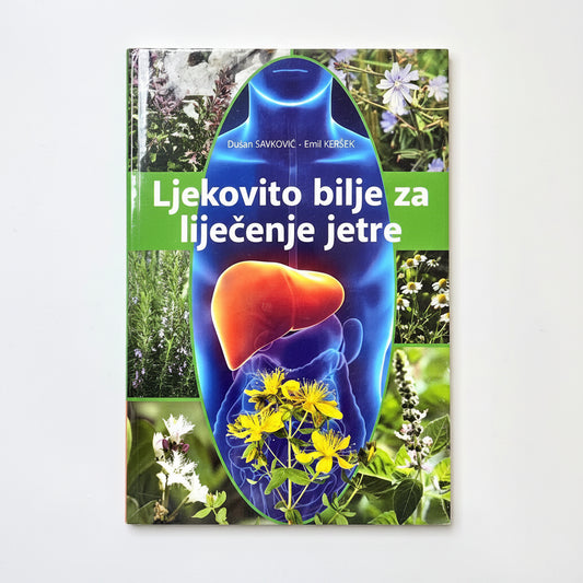Ljekovito Bilje Za Liječenje Jetre Book cover with a blue figure holding a heart, surrounded by plants and flowers on a white background