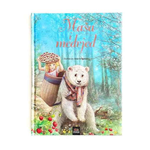 Maša i Medvjed Book cover with a girl and a bear in a forest setting, featuring the title 'Maáōá medvéjed'.