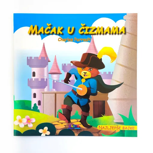 Mačak u čizmama Children's book cover with a cartoon cat in a pirate costume against a castle background