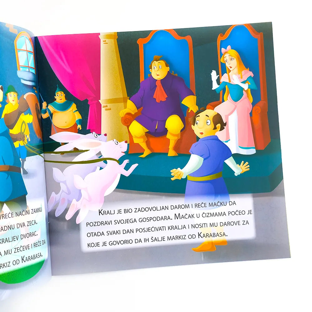 Mačak u čizmama Colorful children's book page with animated characters and text.