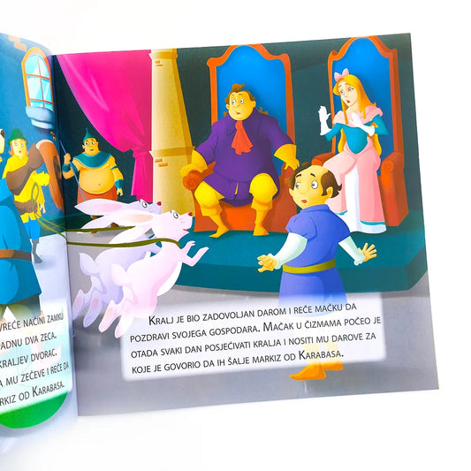 Mačak u čizmama Colorful children's book page with animated characters and text.