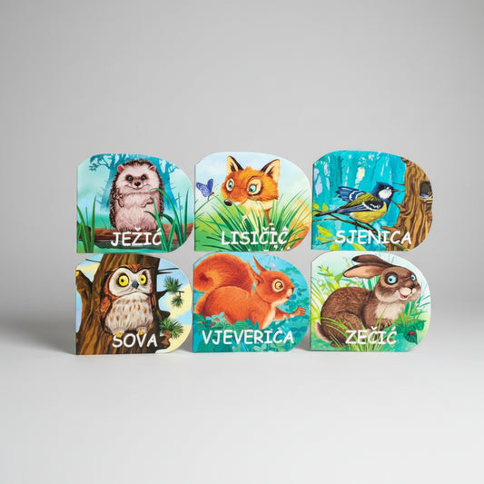 Male Šumske Životinje (Set of 6) Set of animal-themed name cards with illustrations on a white background