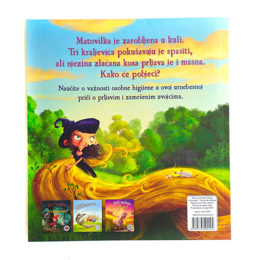 Matovilko, Operi Svoju Zlaćanu Kosu! Book cover with a character with long yellow hair and a purple hat, surrounded by greenery and sky.