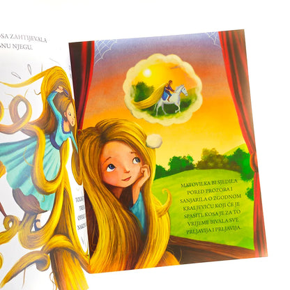 Matovilko, Operi Svoju Zlaćanu Kosu! Illustrated book cover with a fairy tale scene featuring a girl with long hair and a horse.