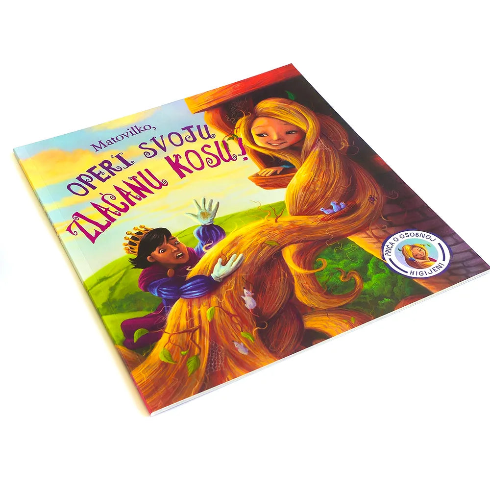 Matovilko, Operi Svoju Zlaćanu Kosu! Children's book with a colorful cover featuring a princess and a character with long hair on a white background.