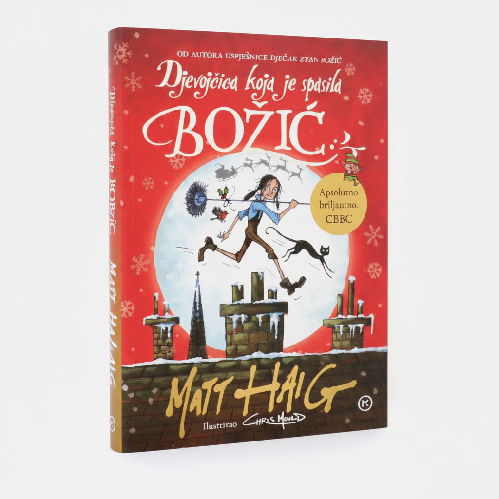 Matt Haig – Djevojčica Koja je Spasila Božić (The Girl Who Saved Christmas) Book cover of 'Djedjica koja je spasila Bozic' with a red background and illustration of a girl running with a dog.