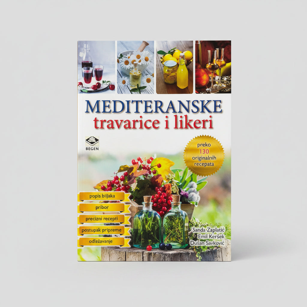 Mediteranske Travarice i Likeri Book cover of 'Mediteranske travarice i likeri' with images of drinks and ingredients on a white background.
