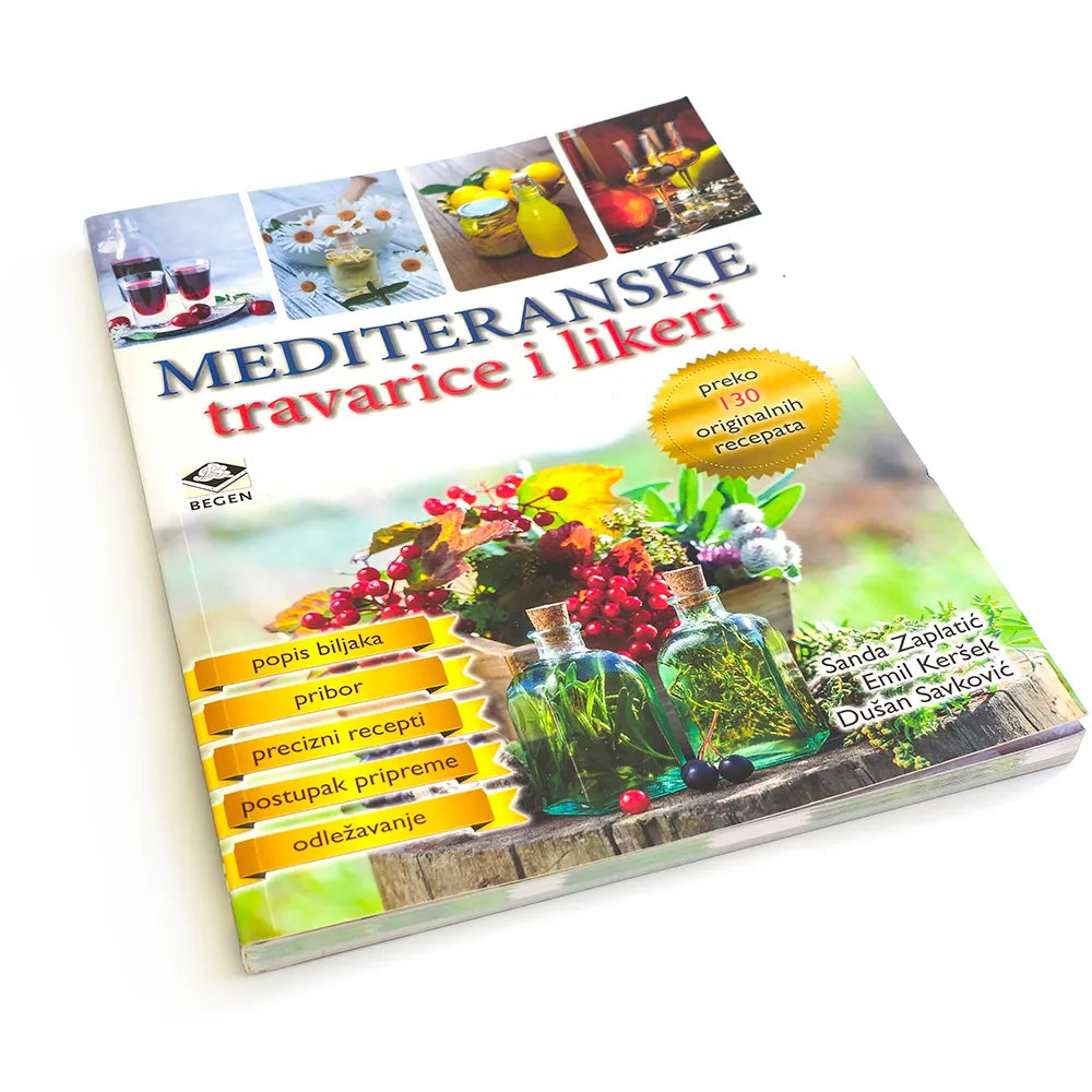 Mediteranske Travarice i Likeri Book titled 'Mediterraneske travarice i likeri' with images of drinks and ingredients on the cover.