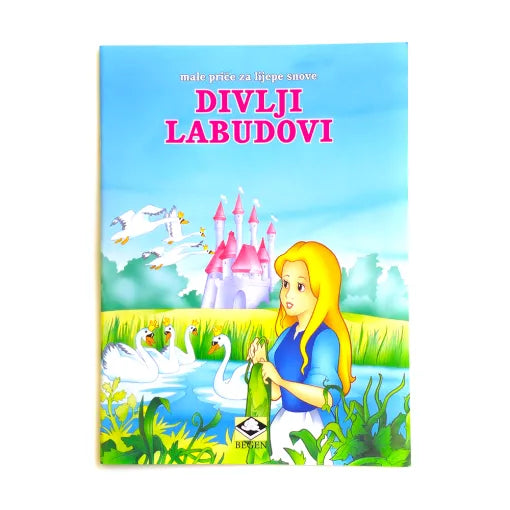 Mini Slikovnica – Divlji Labudovi Book cover of 'Divlji labudovi' with a girl, ducks, and castle illustration.