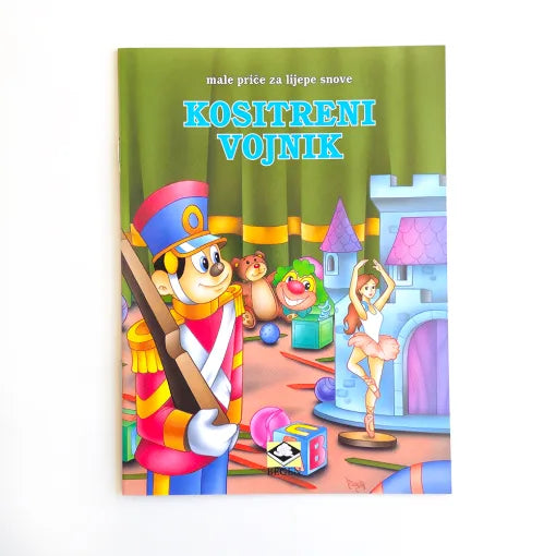 Mini Slikovnica – Kositreni Vojnik Children's book cover with cartoon character holding a sword, colorful castle, and characters on a green curtain background.