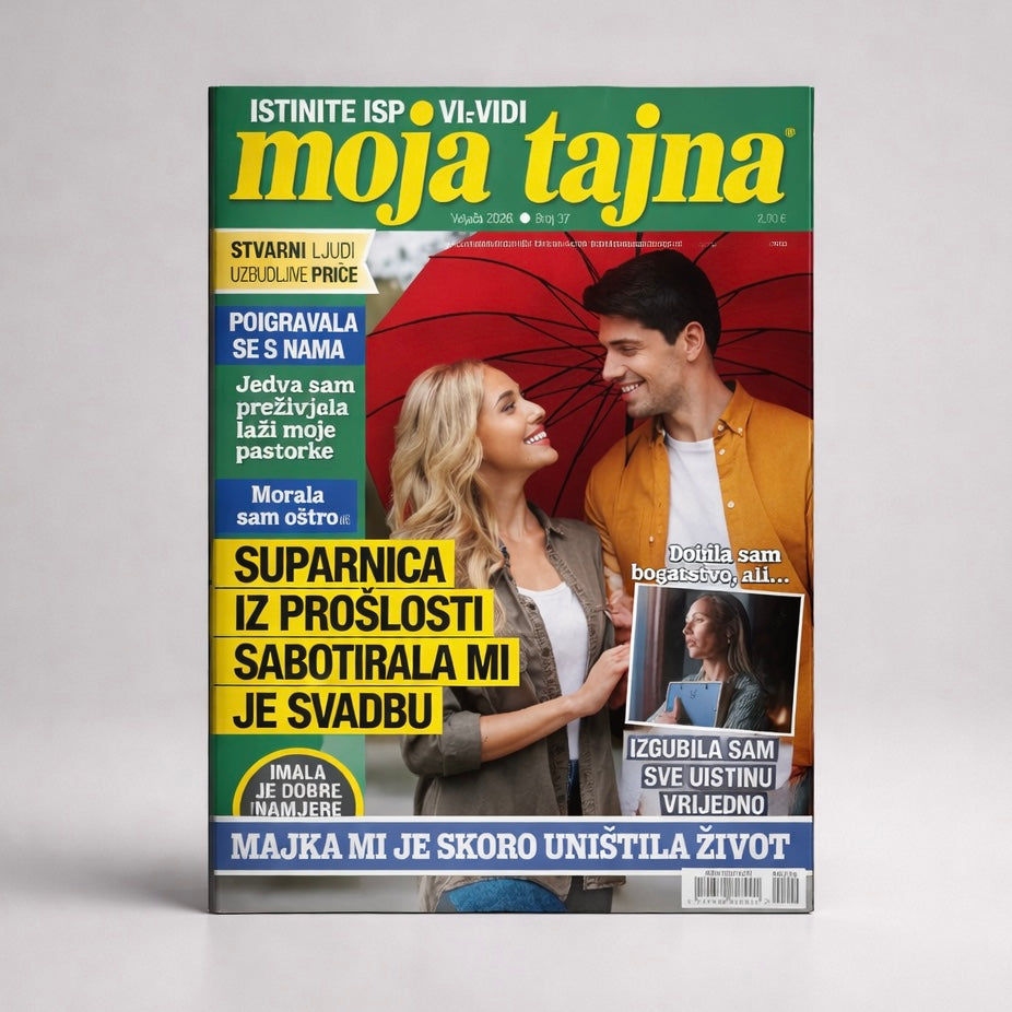 Moja Tajna Magazine Croatian Magazine cover with a couple under a red umbrella on a gray background