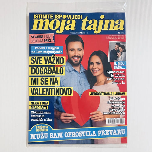 Moja Tajna Magazine Croatian Magazine cover with a couple holding a heart and text in Croatian